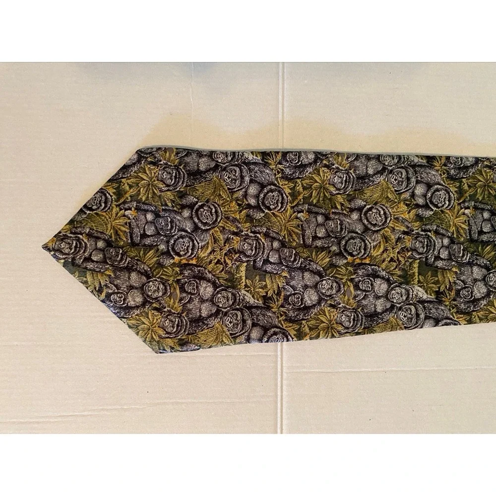 Endangered Species Mens Silk Tie Gorilla Jungle Animal Print Grey Green USA Made